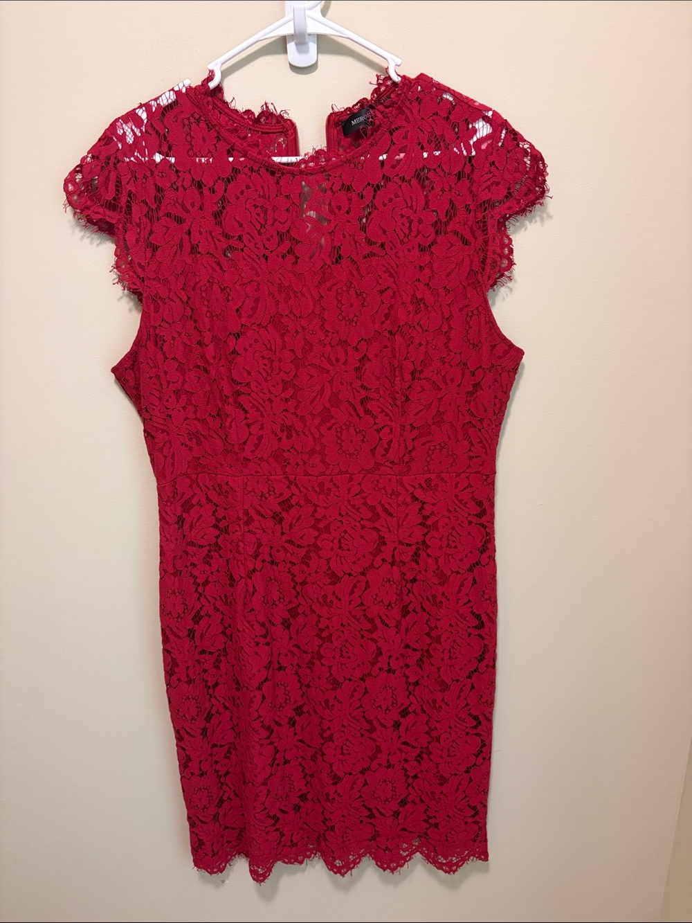 Women's Red Lace Midi Dress with Cap Sleeves